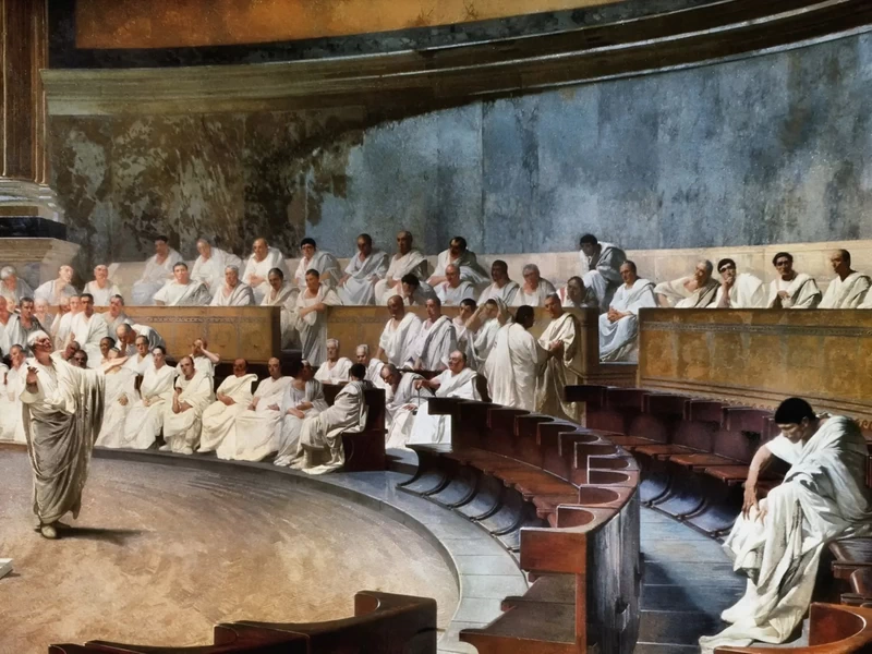 1840-Cesare Maccari - Cicerone pronuncia in Senato la prima Catilinaria - Cicerone denuncia Catilina, 1880 - Roma, Palazzo Madama, Sala Maccari